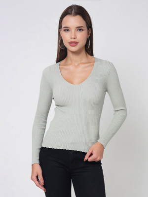 KALT Self Design V Neck Casual Women Green Sweater