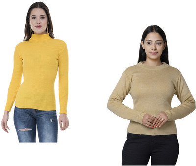 Indistar Solid High Neck Casual Women Beige, Yellow Sweater