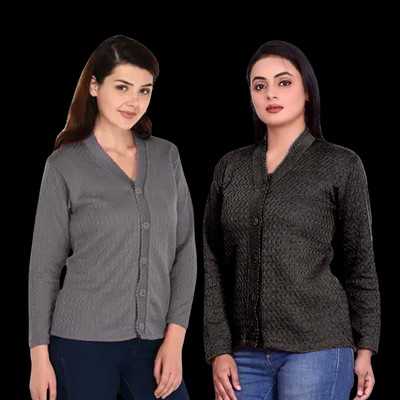 LUXURIOUS DESIGN Solid V Neck Casual Women Black, Grey Sweater