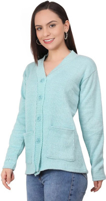 manra Solid V Neck Casual Women Blue Sweater