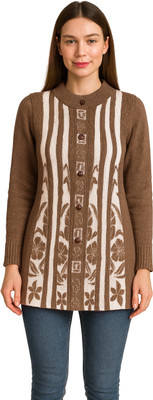 manra Self Design Mandarin Neck Casual Women Brown Sweater