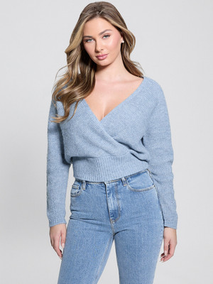 GUESS Solid V Neck Casual Women Blue Sweater