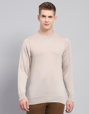 MONTE CARLO Solid Round Neck Casual Men Beige Sweater
