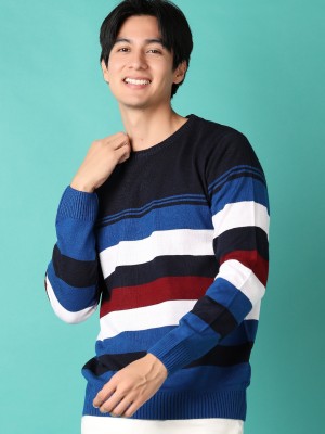 V-MART Striped Round Neck Casual Men Blue Sweater