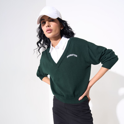 Ajile By Pantaloons Solid V Neck Casual Women Green Sweater
