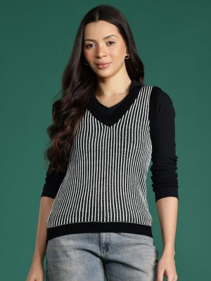 Dressberry Striped V Neck Casual Women Black Sweater