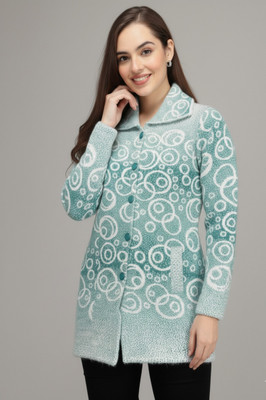 Blushh Collection Printed Collared Neck Casual Women Light Green Sweater