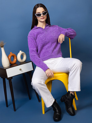 Mast & Harbour Self Design Collared Neck Casual Women Purple Sweater