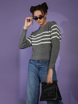 Roadster Striped Round Neck Casual Women Grey Sweater