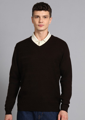 PARK AVENUE Self Design V Neck Casual Men Brown Sweater