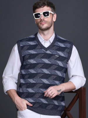 GODFREY Checkered, Chevron/Zig Zag V Neck Casual Men Blue Sweater