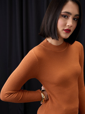 Globus Solid High Neck Casual Women Orange Sweater
