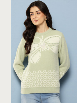 Roadster Embellished Round Neck Casual Women Green Sweater