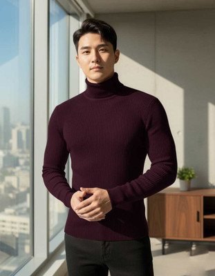 nikline Solid High Neck Casual Men Maroon Sweater