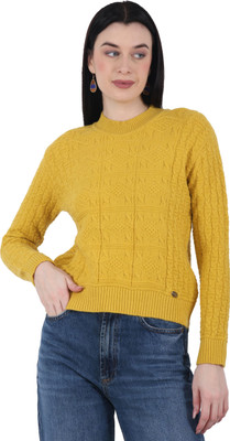 HITTIKA Self Design Round Neck Casual Women Yellow Sweater