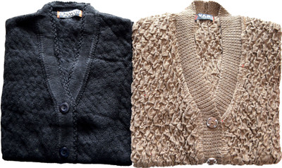 Shunit creation Self Design V Neck Lounge Wear Women Black, Brown Sweater