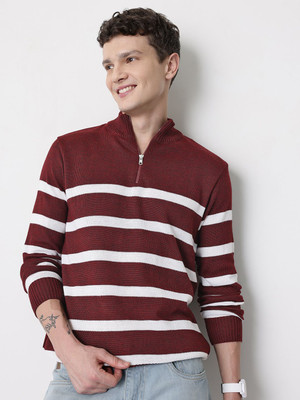 Mast & Harbour Striped Collared Neck Casual Men Brown Sweater