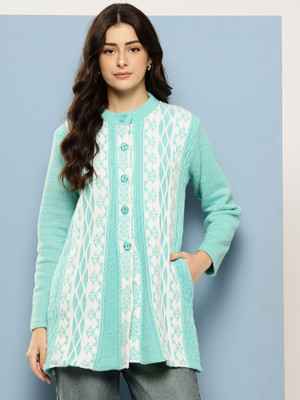 MUHURATAM Self Design Collared Neck Casual Women Light Green Sweater