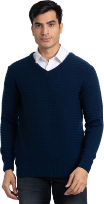 PARX Self Design V Neck Casual Men Blue Sweater