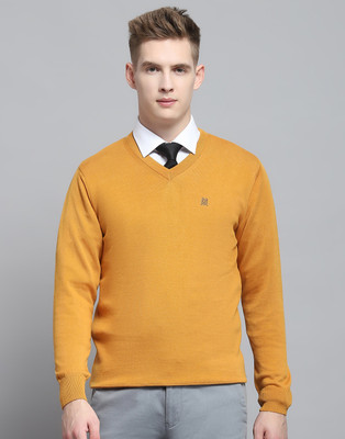 MONTE CARLO Solid V Neck Casual Men Yellow Sweater