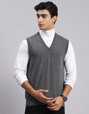 MONTE CARLO Solid V Neck Casual Men Grey Sweater