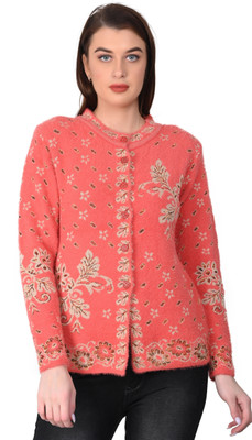 HITTIKA Printed Round Neck Casual Women Pink Sweater