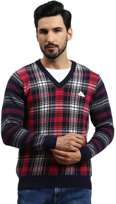 MONTE CARLO Checkered V Neck Casual Men Dark Blue Sweater