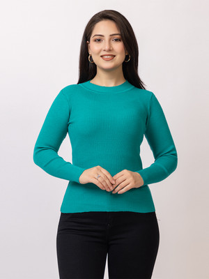 Lasoon Solid Round Neck Casual Women Green Sweater