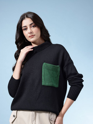 Glitchez Solid Turtle Neck Casual Women Black Sweater