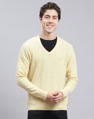 MONTE CARLO Self Design V Neck Casual Men Yellow Sweater