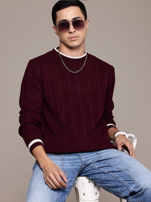 Roadster Self Design Round Neck Casual Men Maroon Sweater