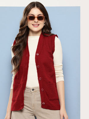 Roadster Self Design V Neck Casual Women Red Sweater
