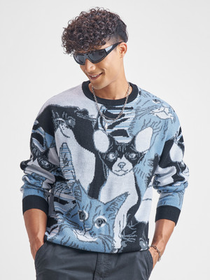 HIGHLANDER Printed Round Neck Casual Men Blue Sweater