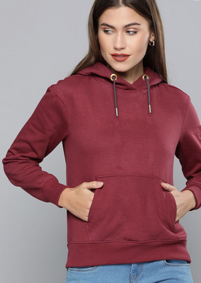 HouseOfCommon Solid Hooded Neck Casual Women Maroon Sweater