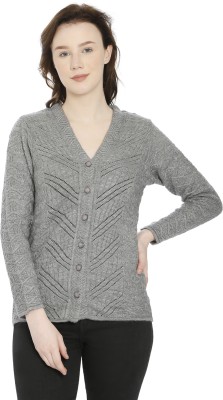 Hautemoda Self Design V Neck Casual Women Grey Sweater