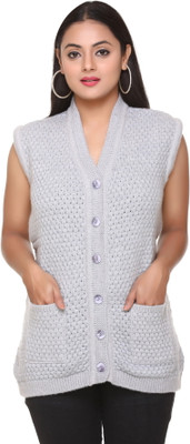WOOL 4U Self Design V Neck Casual Women Grey Sweater
