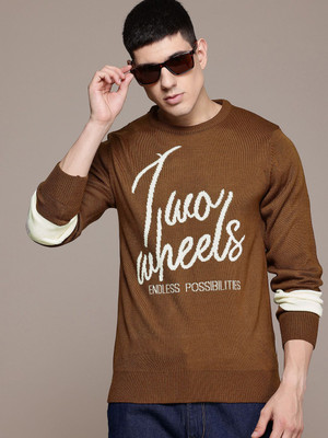 Roadster Self Design Round Neck Casual Men Brown Sweater