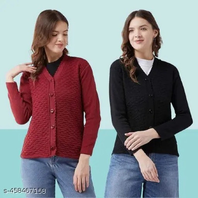 SHRIGANESH ENTERPRISES Solid V Neck Casual Women Maroon, Black Sweater
