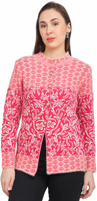 HITTIKA Embroidered Mandarin Neck Casual Women Pink Sweater
