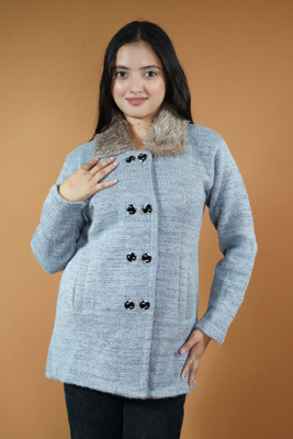 CreativePanther Self Design Collared Neck Casual Women Blue Sweater