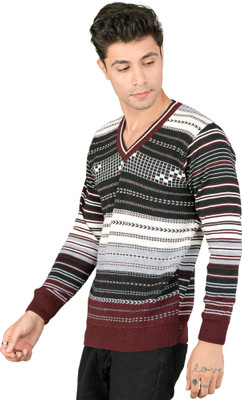 NICO WESLEY Self Design V Neck Casual Men Maroon Sweater