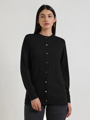 FableStreet Solid Crew Neck Casual Women Black Sweater