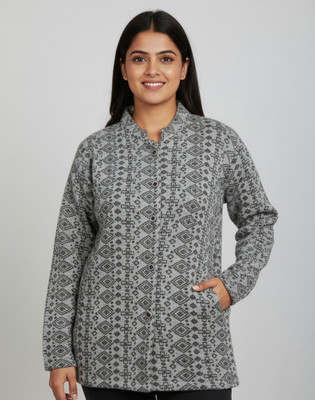 velva Printed Mandarin Neck Casual Women Grey Sweater