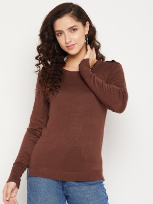 MADAME Solid Round Neck Casual Women Reversible Brown Sweater