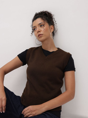 Roadster Solid V Neck Casual Women Brown Sweater