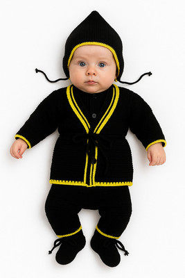 Bamboo Babe Self Design V Neck Casual Baby Boys & Baby Girls Black Sweater