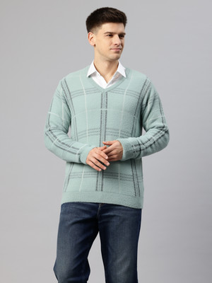 PIERRE CARLO Checkered V Neck Casual Men Light Green Sweater