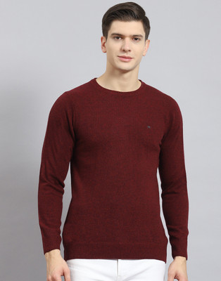 MONTE CARLO Solid Round Neck Casual Men Maroon Sweater