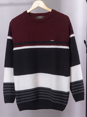WAY TO TRENDY Striped Round Neck Casual Men Maroon Sweater