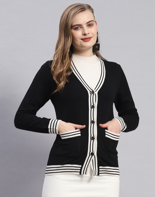 MONTE CARLO Solid V Neck Casual Women Black Sweater
